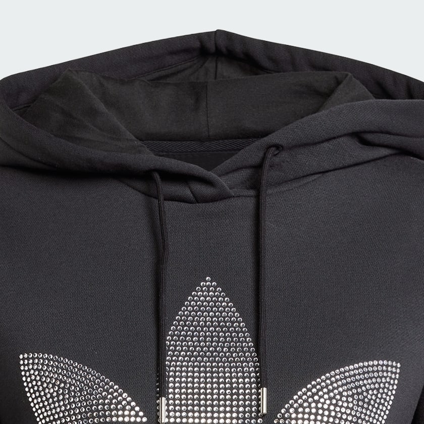 Black Rhinestone Trefoil Loose Crop Hoodie