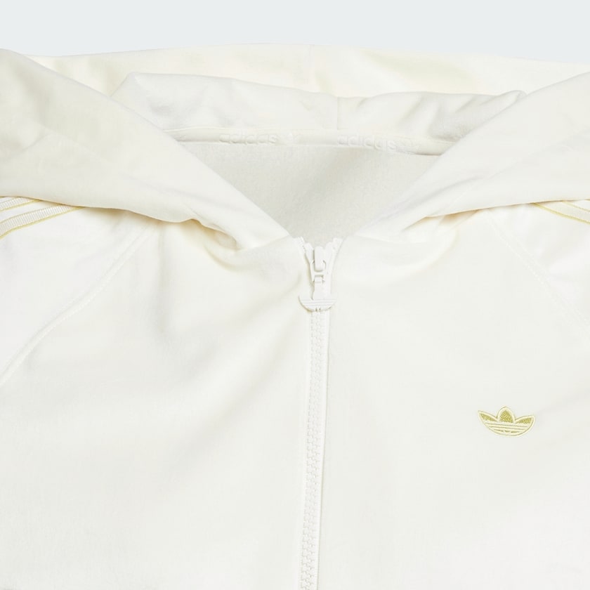 สีขาว เสื้อแทรคผ้าเวอลัวมีฮู้ดแต่งซิป