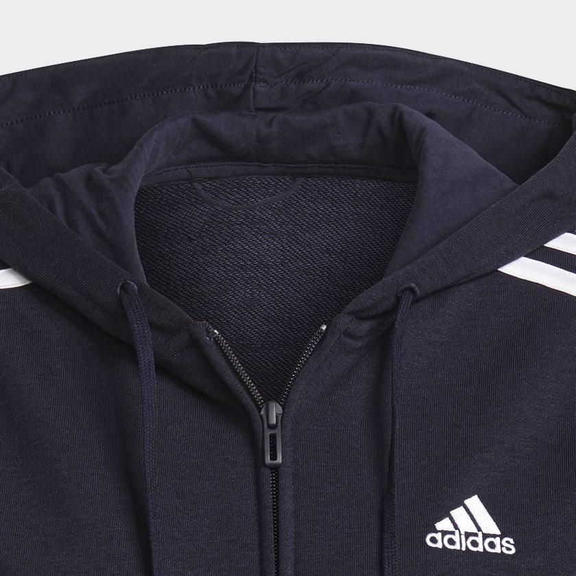 สีน้ำเงิน เสื้อฮู้ดซิปยาวเต็มตัว Essentials French Terry 3-Stripes