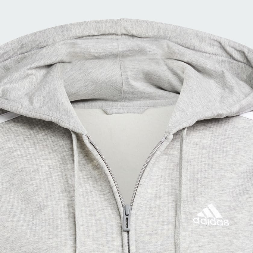 Szary Essentials Fleece 3-Stripes Full-Zip Hoodie
