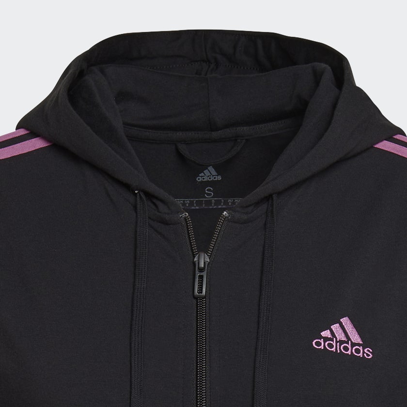 Black Essentials Single Jersey 3-Stripes Full-Zip Hoodie