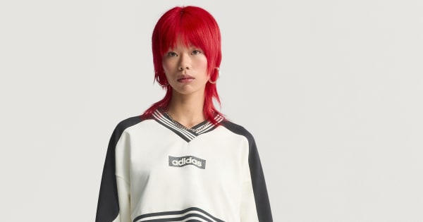 adidas ストレッチクロスジャケット　ホワイト フード付き　黒パイピング adidas Blocking Crewneck Sweatshirt - White | Free Shipping