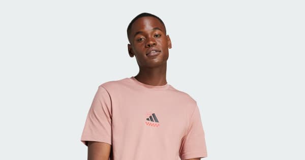 adidas ピンク ストライプ 半袖Tシャツ ゲームT 襟付き アディダス ラウンジ ピザグラフィック 半袖Tシャツ - ピンク