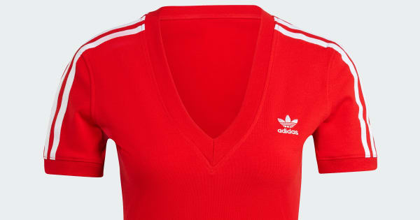 アディダス スリーストライプス Vネック スリム半袖Tシャツ - レッド