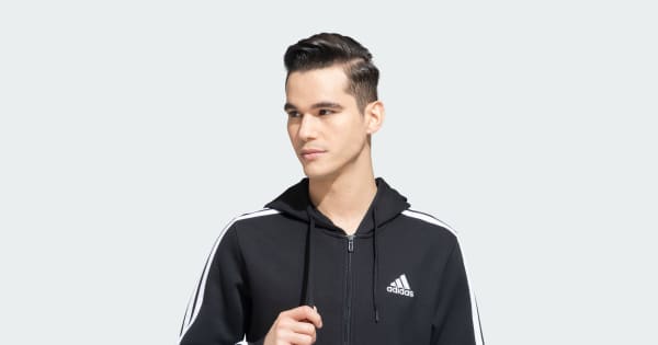 adidas 3 Stripes Full Zip Hooded Sweatshirt - Black | adidas India