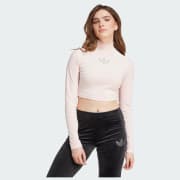 adidas Long Sleeve Rhinestone Trefoil Velvet Crop Top - Pink