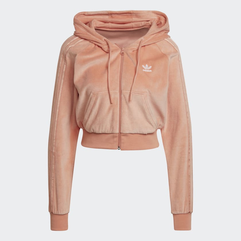 adidas Velour Crop Full Zip Hoodie Pink adidas New Zealand