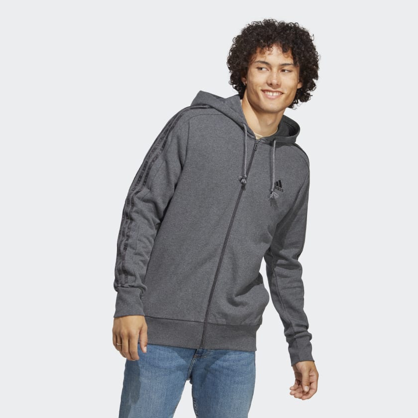 adidas Essentials French Terry 3-Stripes Full-Zip Hoodie - Grey ...