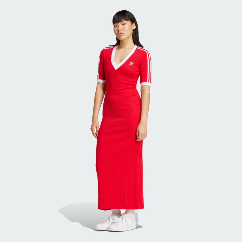 Adidas Originals Women s Adicolor 3 Stripes Knit V Neck Dress Large Better Scarlet