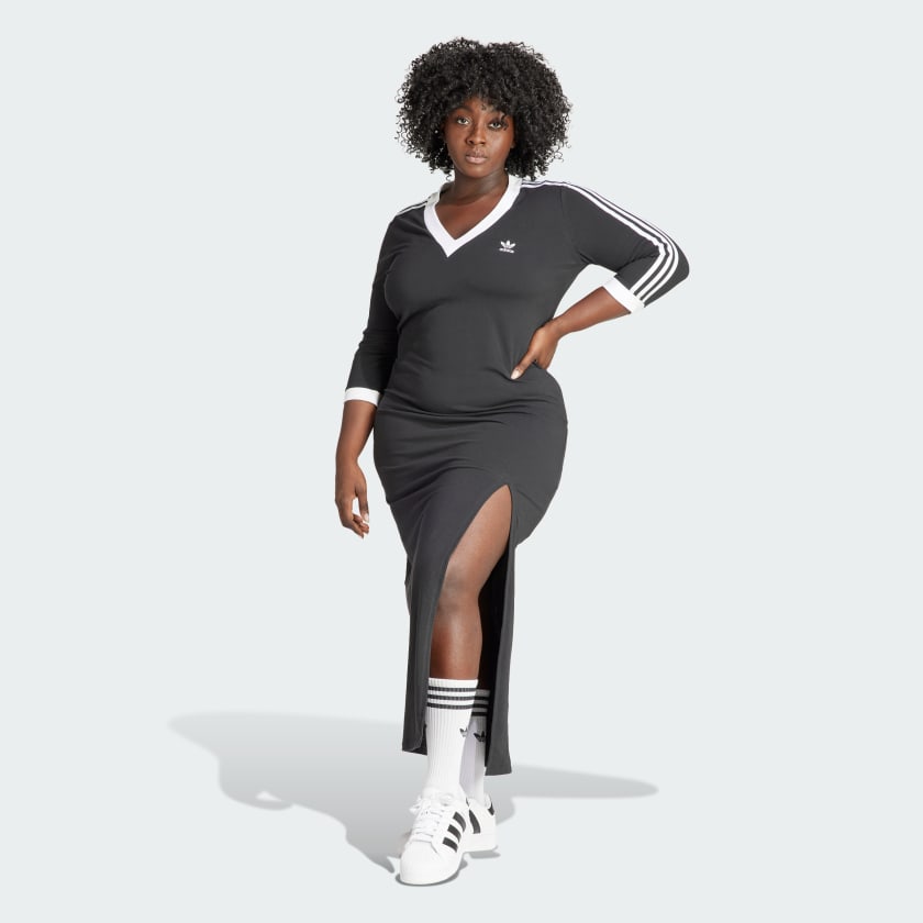 (Plus Dress V-Neck 3-Stripes Adicolor US | Black | Size) Lifestyle Women\'s adidas - Maxi Classics adidas