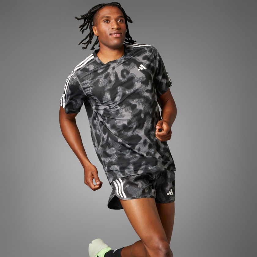 adidas Own the Run 3-Stripes Allover Print T-Shirt - Grey | Men's