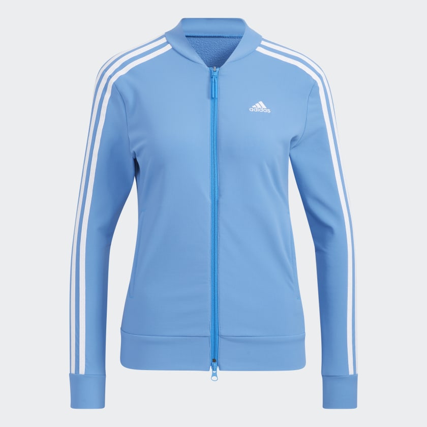 Light blue adidas jacket with white stripes online