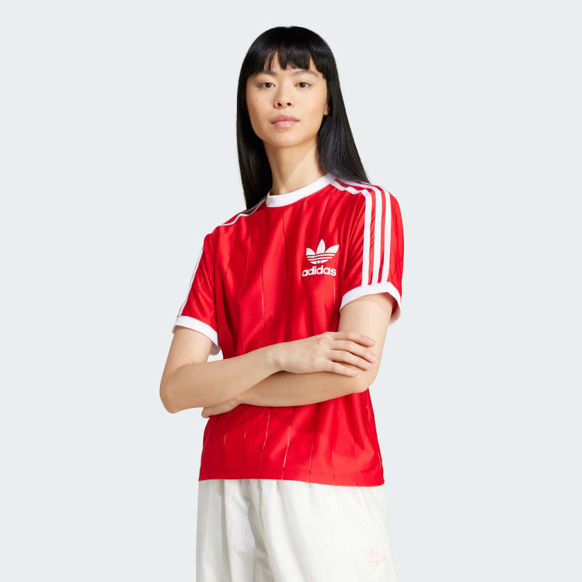 Adidas red striped shirt sales