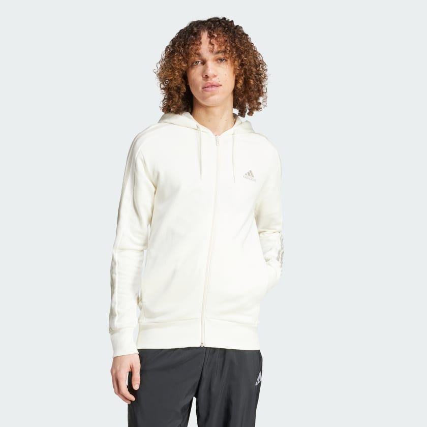 Adidas Essentials French Terry 3 Stripes Full Zip Hoodie Off White A L Men Lifestyle Hoodies