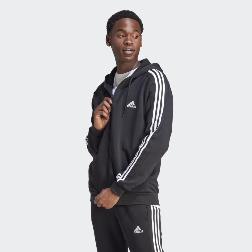 adidas Essentials Fleece 3-Stripes Full-Zip Hoodie - Black | Men's ...