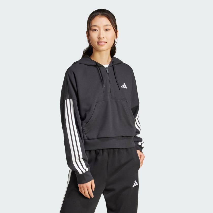 パーカー・フーディ adidas Sudadera Essentials 3-Stripes Quarter-Zip - black adidas Essentials 3-Stripes French Terry Quarter-Zip Hoodie
