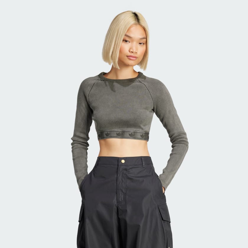 adidas Ribbed Long Sleeve Crop Top - Black | Free Shipping
