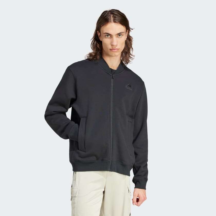 adidas Lounge Fleece Bomber Jacket With Zip Opening - Black | Men's ...