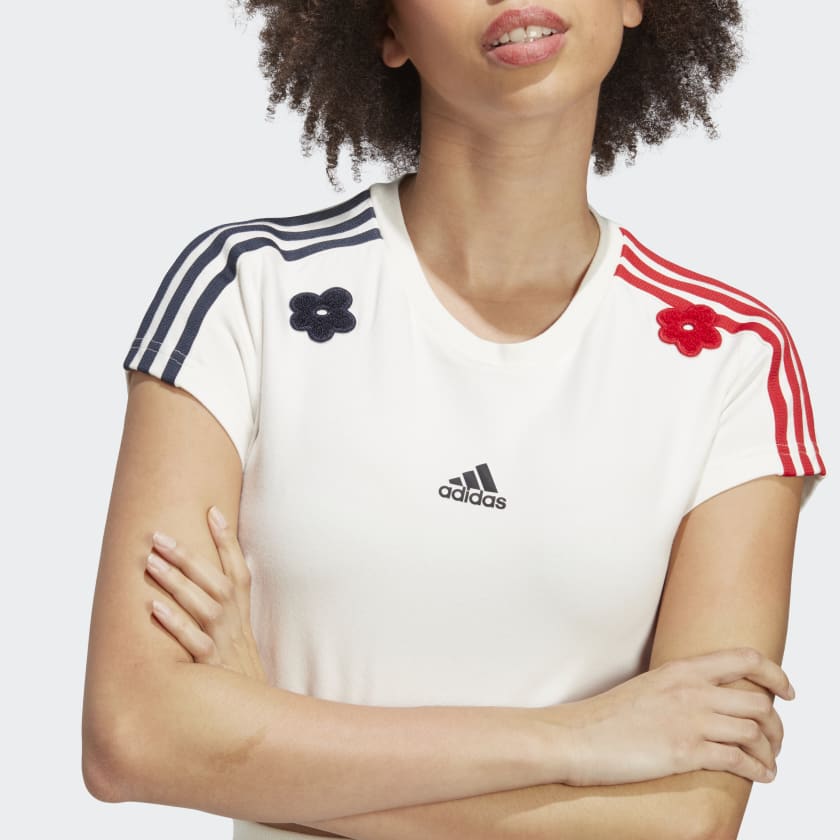 3 Stripes Cropped Tee With Chenille Flower Patches White IC8698 41 Detail