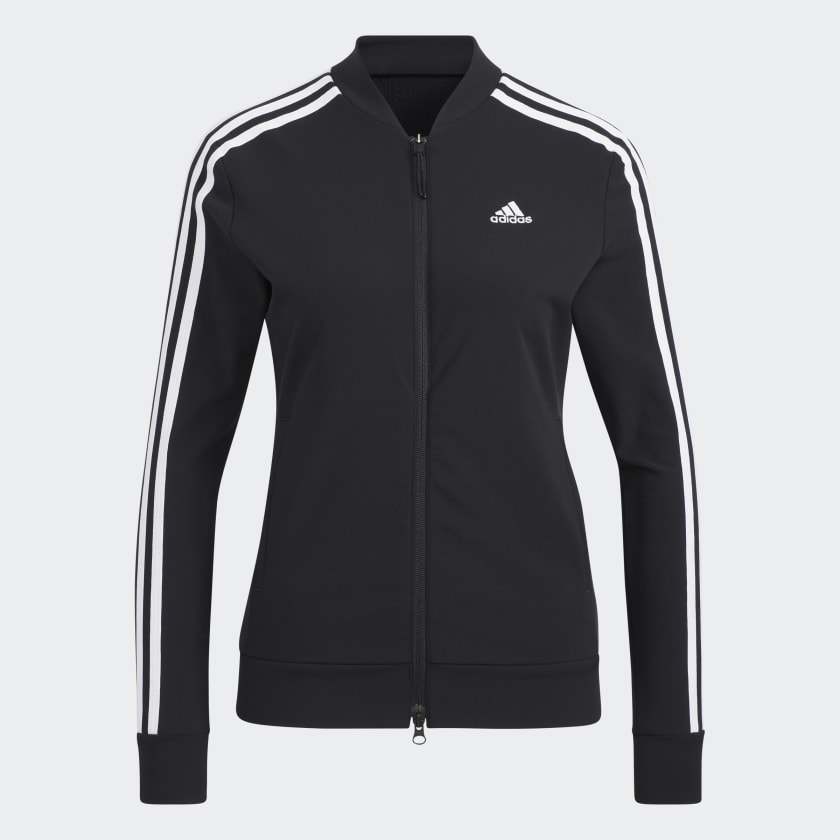 Black adidas jacket with white on sale stripes