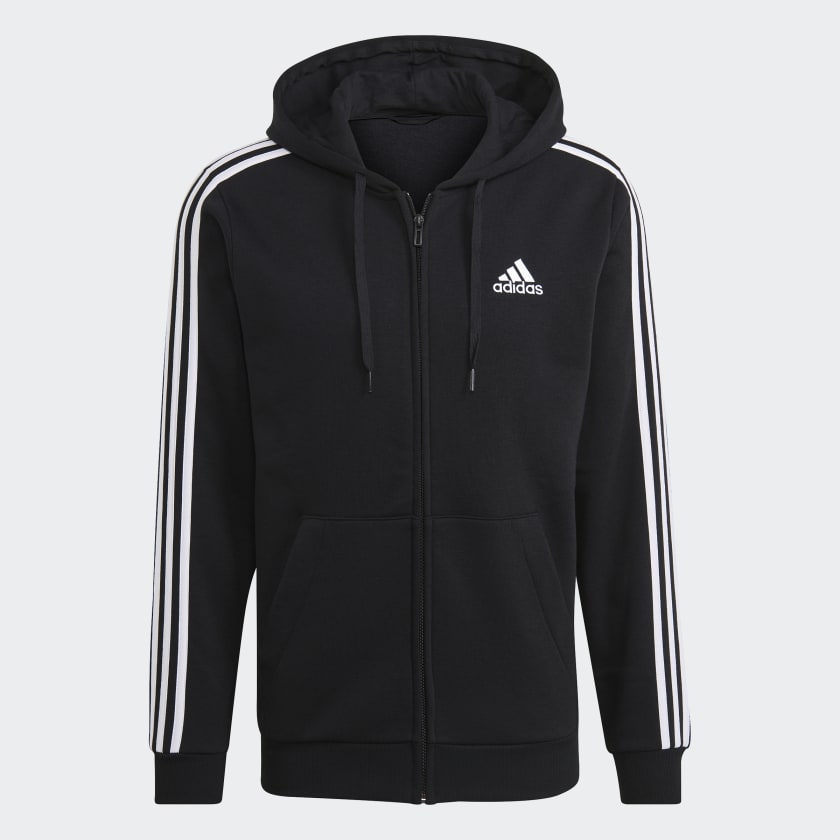 adidas Essentials Fleece 3-Stripes Full-Zip Hoodie - Black | adidas UK