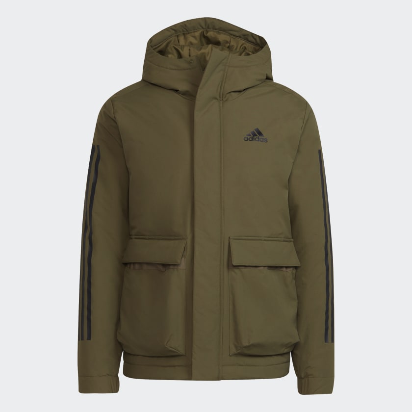 adidas Utilitas 3 Stripes Hooded Jacket Green adidas UK