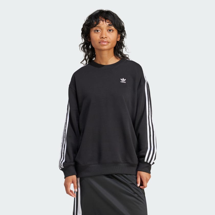 adidas 3-Stripes Oversized Crew Sweatshirt - Black | Women's Lifestyle ...