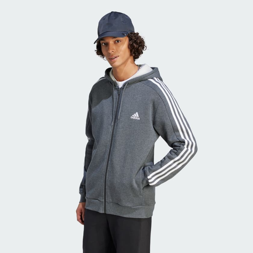 adidas Essentials Fleece 3-Stripes Full-Zip Hoodie - Grey | Men's Lifestyle  | adidas US