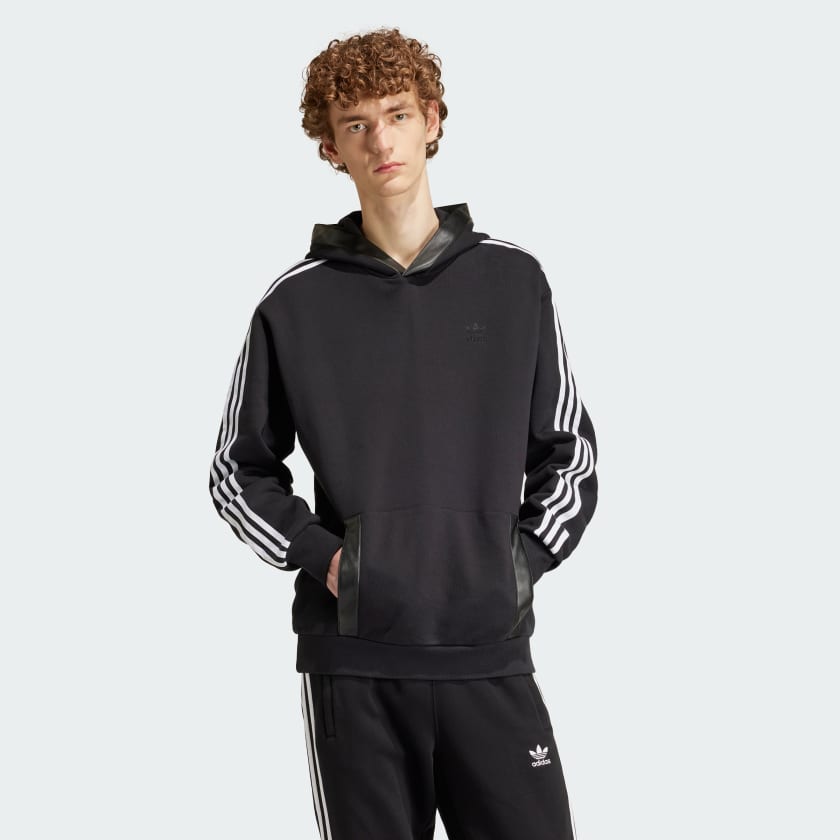 adidas Faux Leather Adicolor 3 Stripes Heavy Fleece Hoodie Black Free Shipping with adiClub adidas Canada