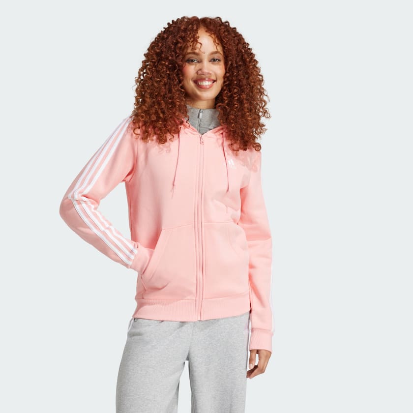 Adidas Essentials 3 Stripes Full Zip Fleece Hoodie Women Semi Pink Spark M