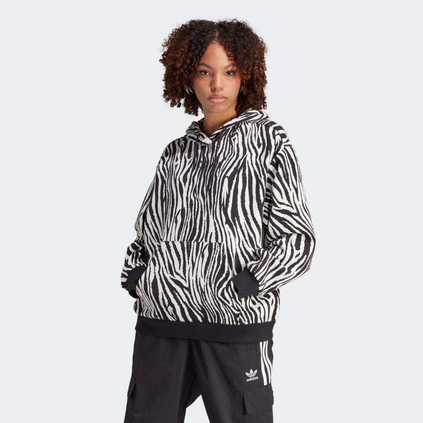 adidas Allover Zebra Animal Print Essentials Hoodie - White