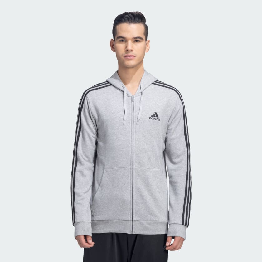 Grey adidas jacket with white stripes cheap