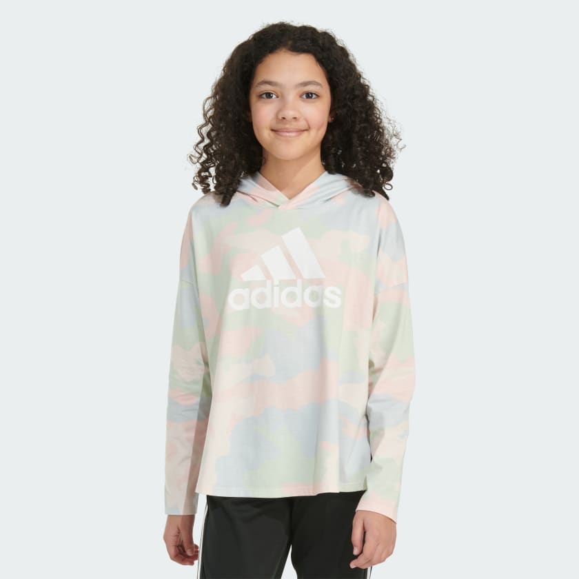 adidas All Over Print Long Sleeve Curve Hem Hooded Tee Pink Free Shipping with adiClub adidas US