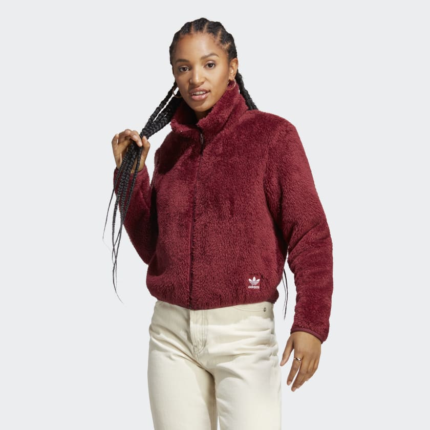 adidas Essentials+ Fluffy Teddy Slim Zip Top - Burgundy, Women's Lifestyle