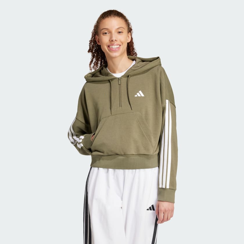 Felpa con cappuccio Essentials 3 Stripes French Terry Quarter Zip Verde JN1950 21 model
