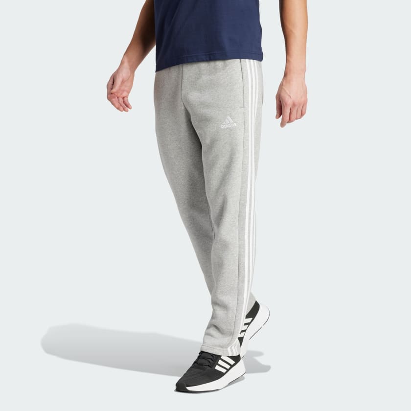 adidas Essentials 3-Stripes Open Hem Fleece Pants - Grey