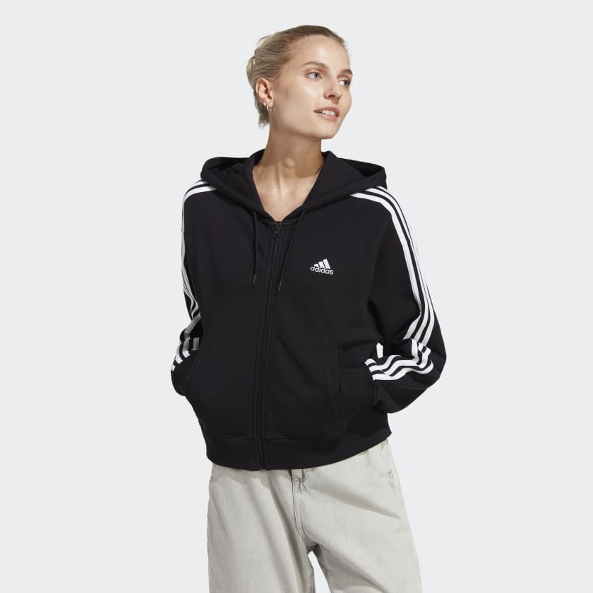 adidas Essentials 3-Stripes French Terry Bomber Full-Zip Hoodie - Black ...