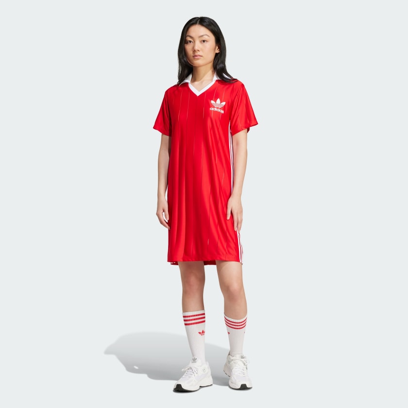 Adidas 3 stripe dress red sale