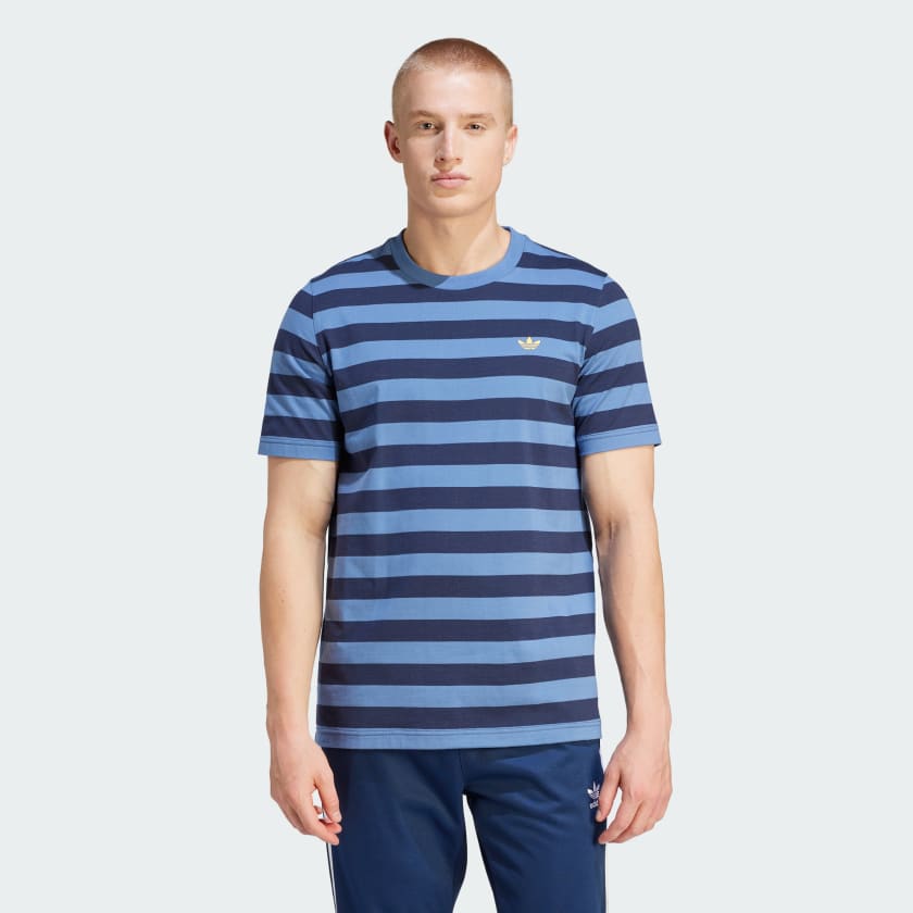 Men Blue and White Ribbed Neck Stripe T-Shirt