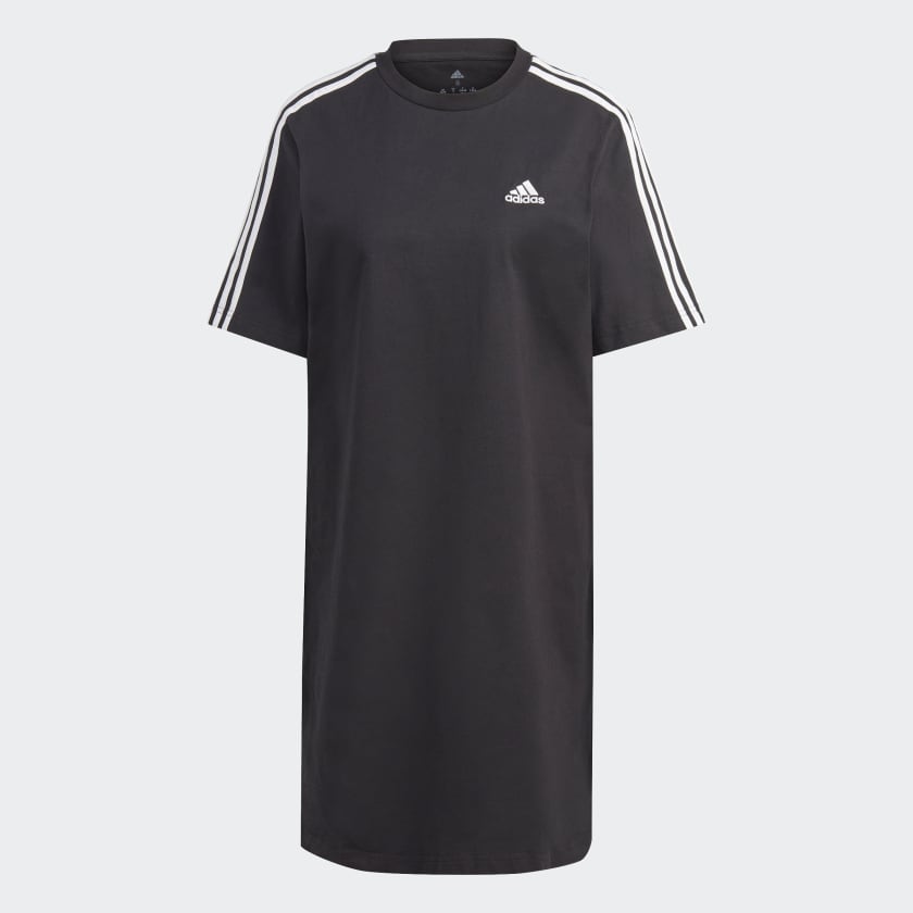 Essentials 3 Stripes Single Jersey Boyfriend Tee Dress Black HR4923 01 Laydown