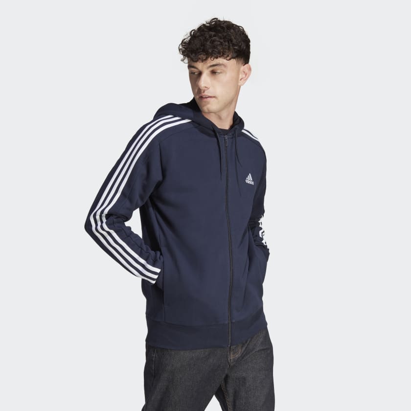 adidas Essentials French Terry 3-Stripes Full-Zip Hoodie - Blue ...