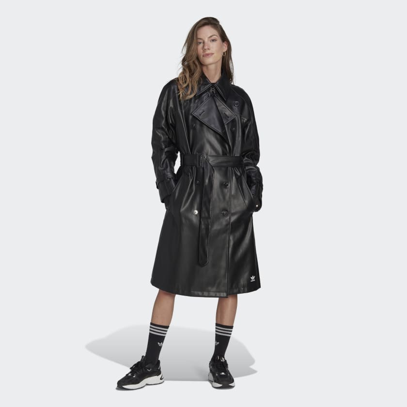 adidas adicolor Trefoil Leather Trench Coat - Black | Women's Lifestyle US
