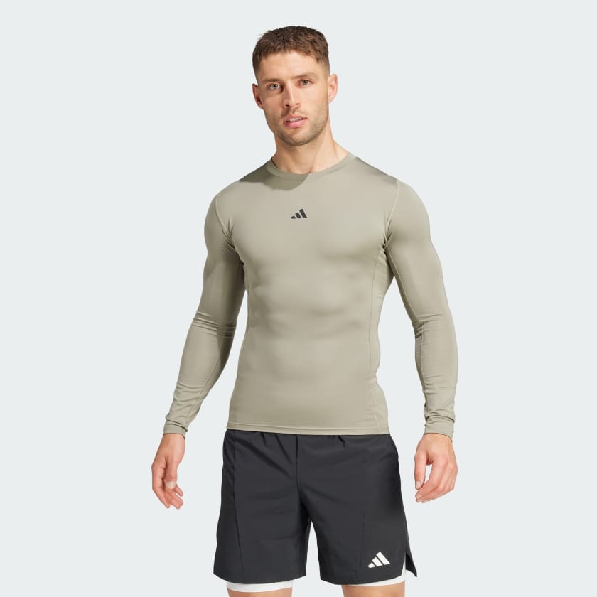 Adidas Techfit Compression Training Long Sleeve Tee Silver Pebble S Mens Training Long Sleeve Shirts