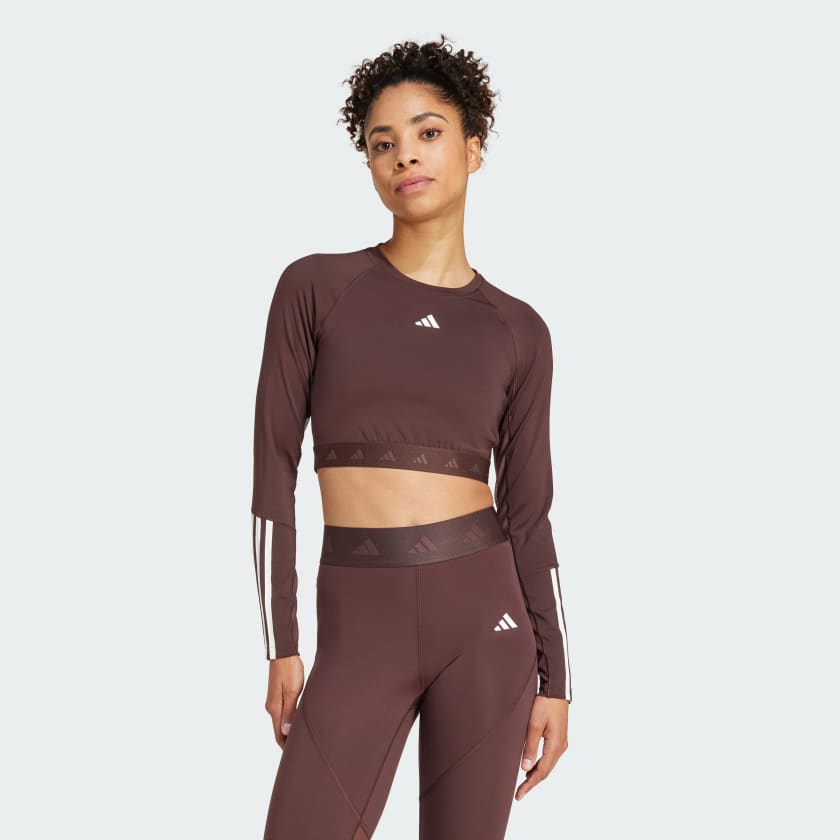 adidas Hyperglam Training Cropped Long Sleeve Tee - Brown | Free Shipping  with adiClub | adidas US