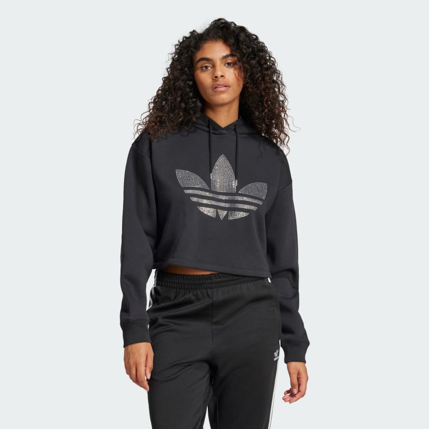 adidas Rhinestone Trefoil Loose Crop Hoodie Black adidas India
