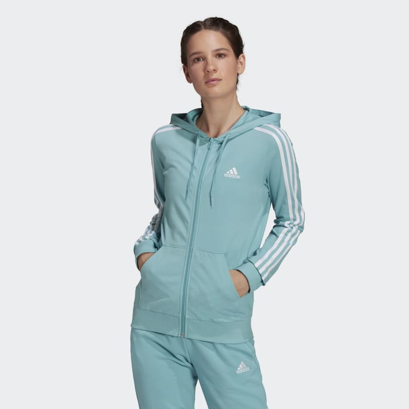 adidas Essentials 3-Stripes Full-Zip Hoodie - Turquoise | Women's Training  | adidas US