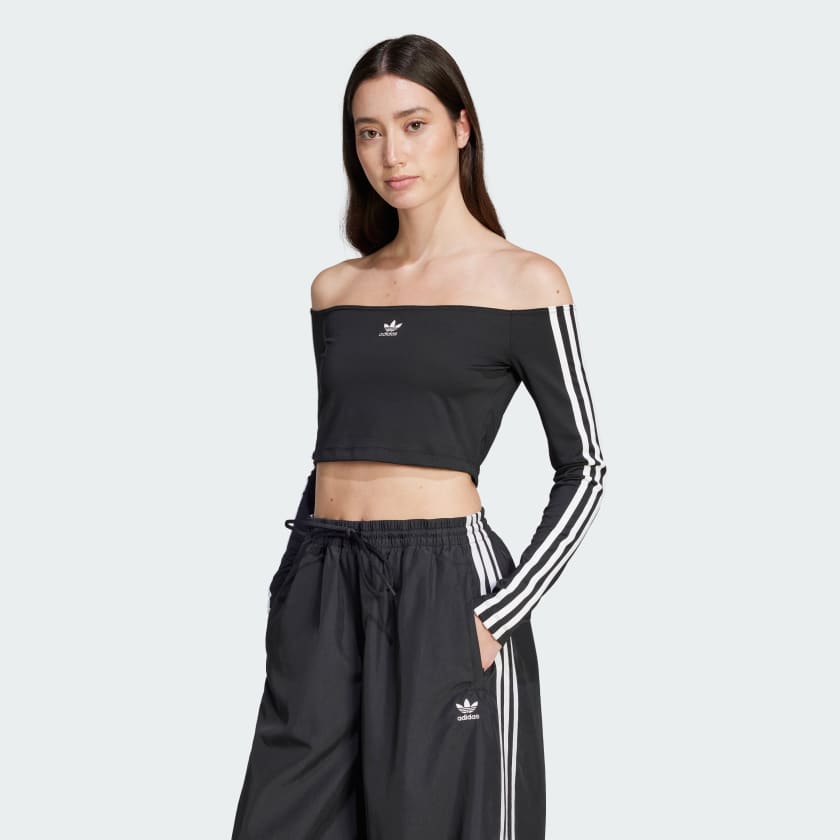 adidas Adicolor Off Shoulder Long Sleeve Long Sleeve Top Black adidas UK