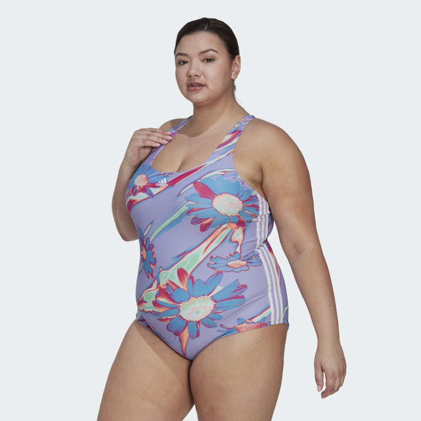 adidas Positivisea 3-Stripes Graphic Swimsuit (Plus Size) - Purple