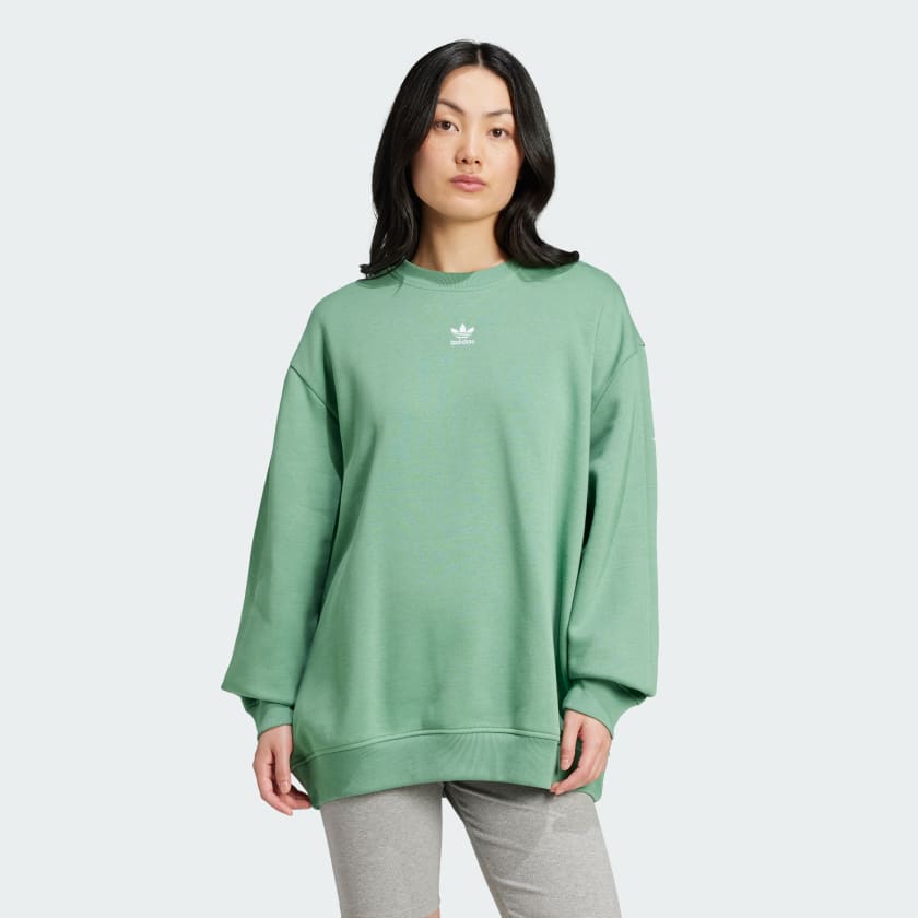 Adidas Essentials Fleece Long Oversized Crew Sweatshirt Women Preloved Green XS