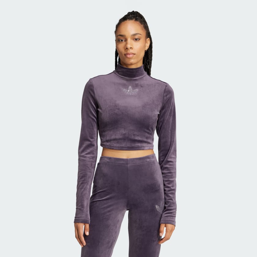 adidas Long Sleeve Rhinestone Trefoil Velvet Crop Top Purple Free Shipping with adiClub adidas US